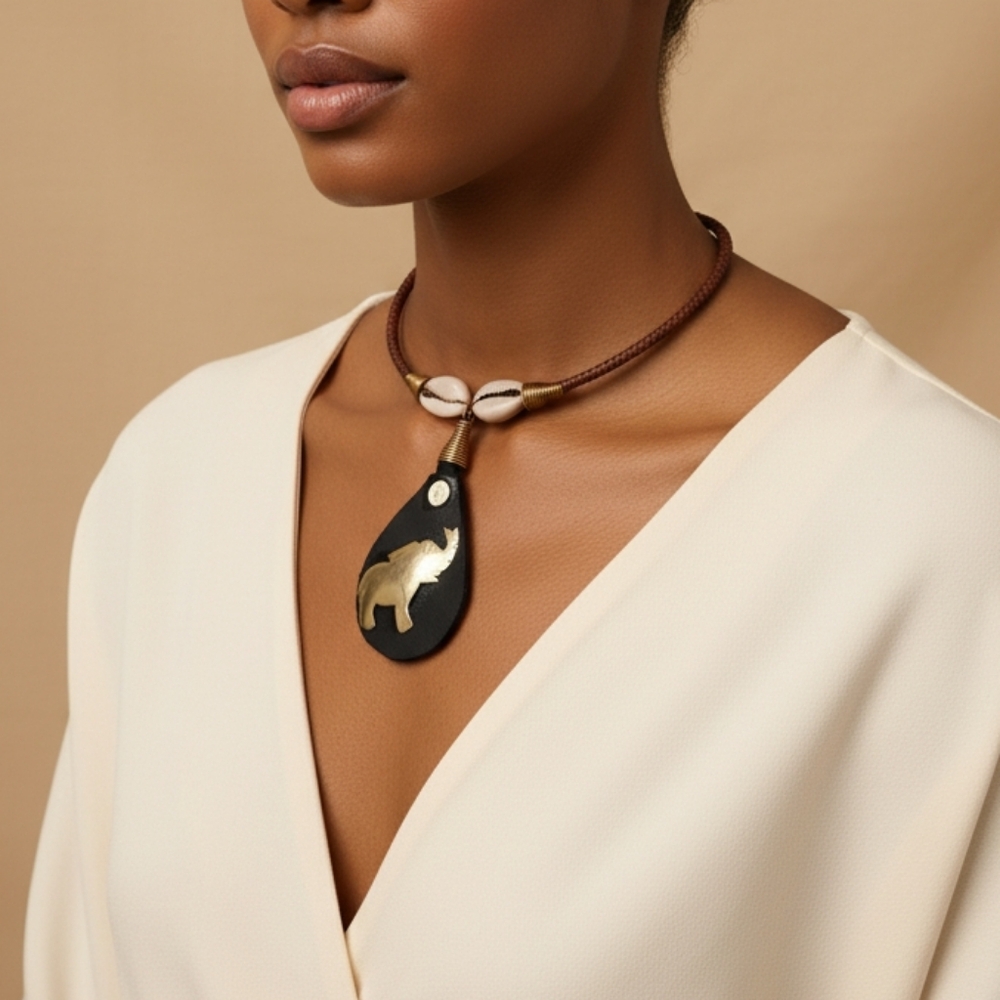 Elegant Black and Gold Elephant Desigh Handmade Pendant Necklace